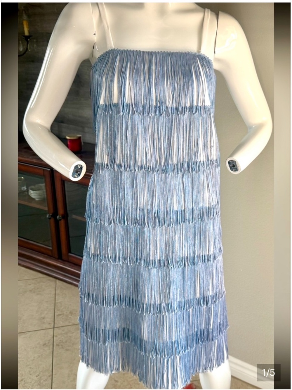 Vintage Handmade Fringed Slip Dress in Light Blue S